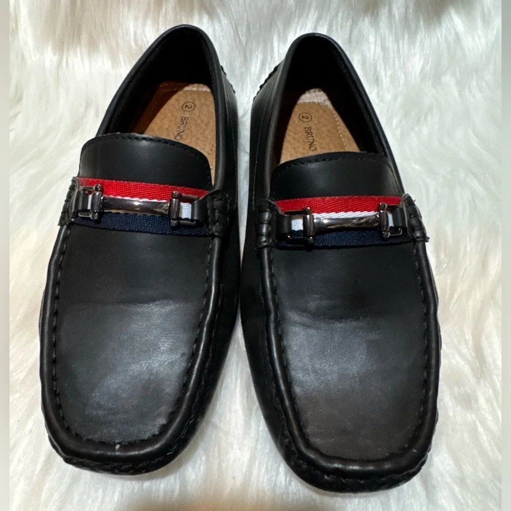Bruno Marc Boys Classic Black and Red Leather Slip-On Loafers